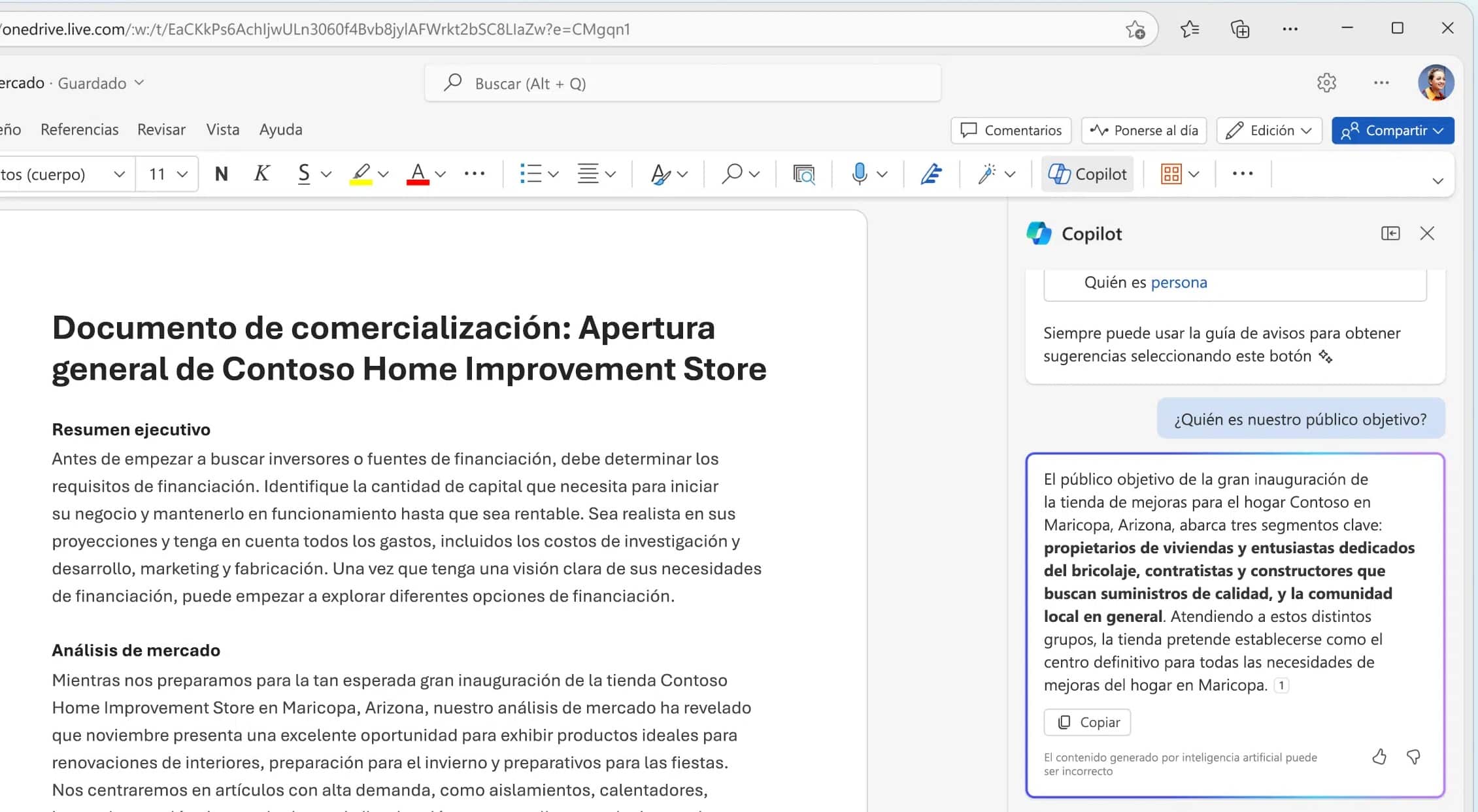 Pantalla de Copilot para Word